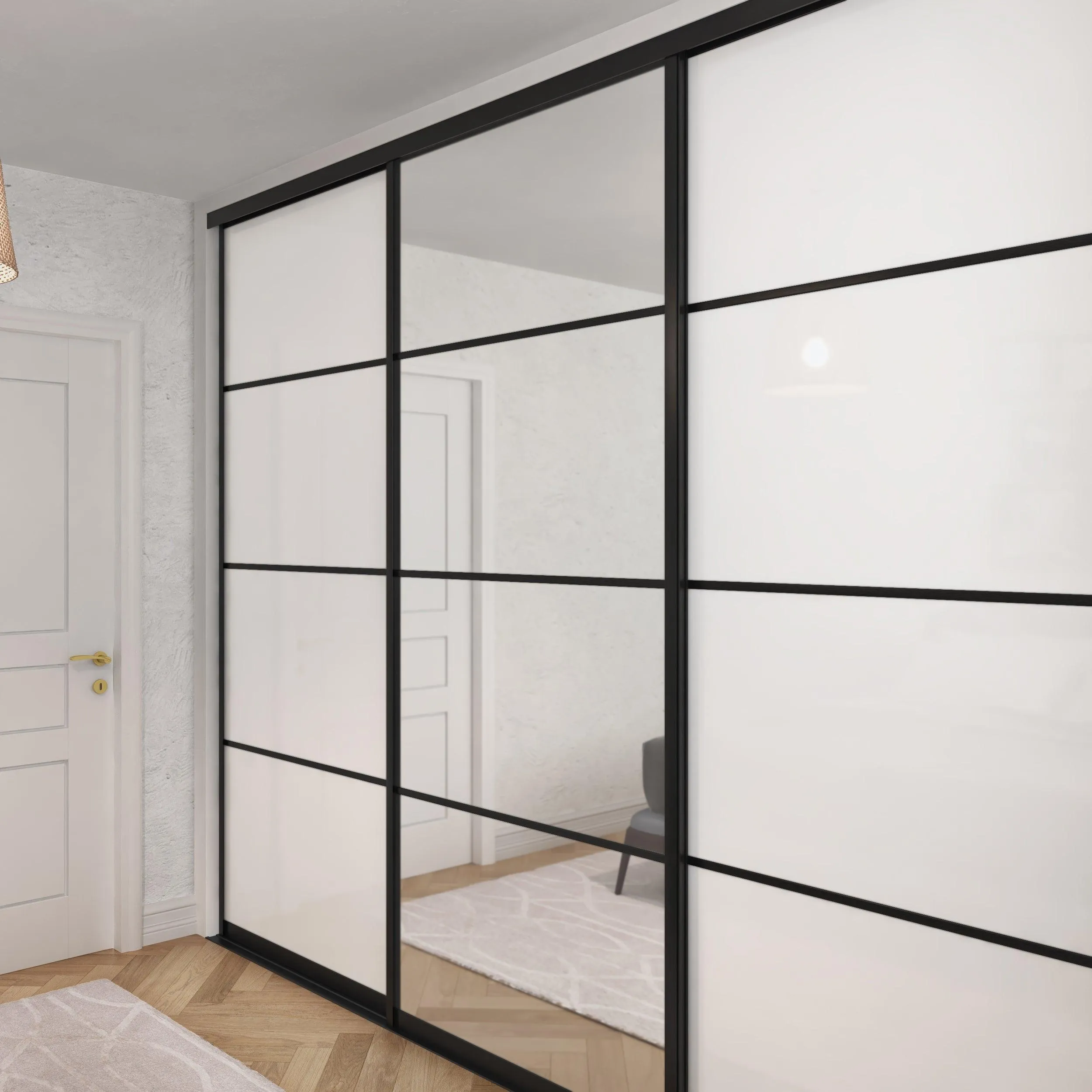 Curve Brushed Black Frame White Glass 3 Door Mirror Sliding Wardrobe Kit