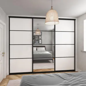 Curve Brushed Black Frame White Glass 3 Door Mirror Sliding Wardrobe Kit