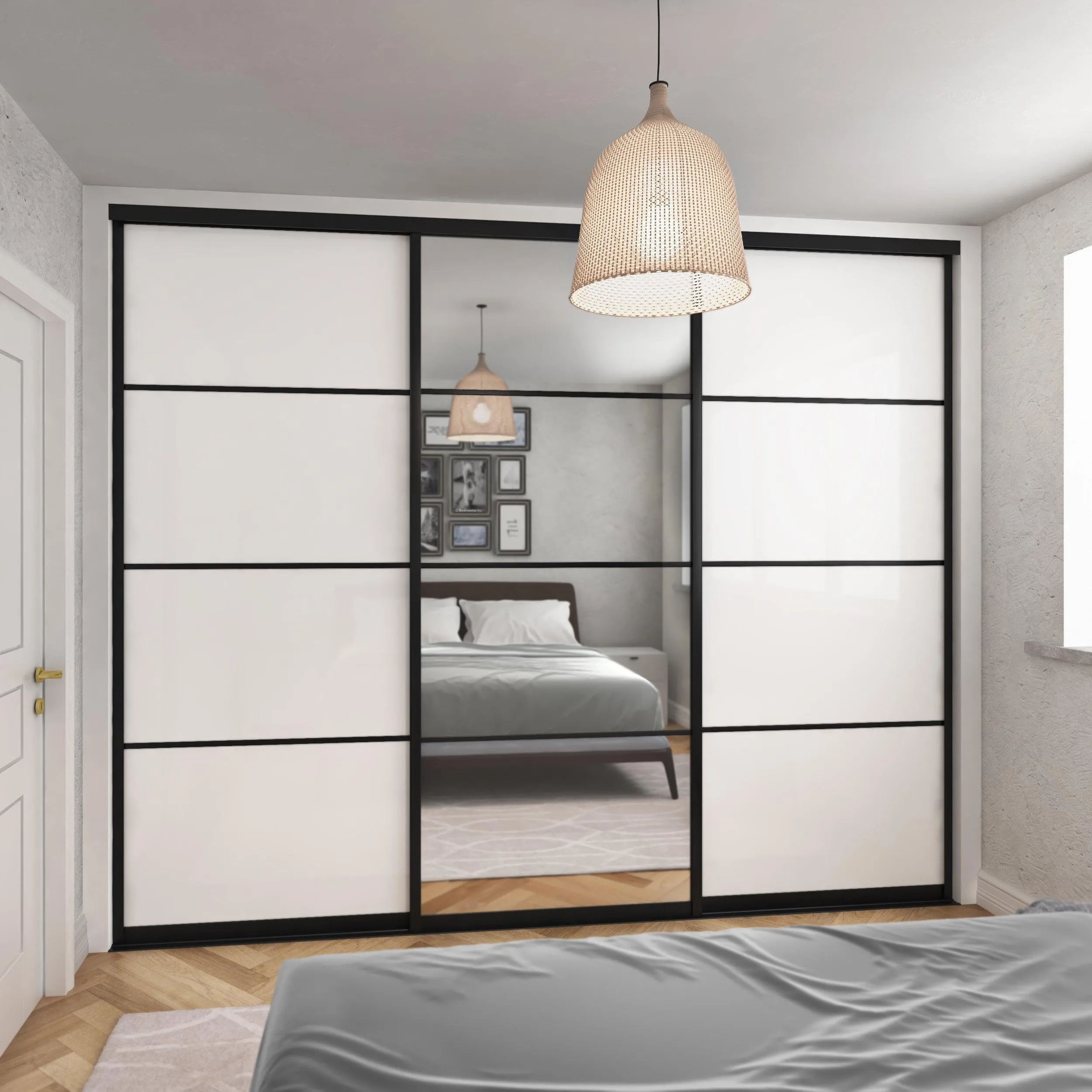 Curve Brushed Black Frame White Glass 3 Door Mirror Sliding Wardrobe Kit