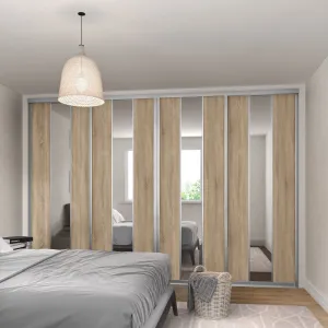 Curve Satin Silver Frame Oak 4 Door Mirror Sliding Wardrobe Kit