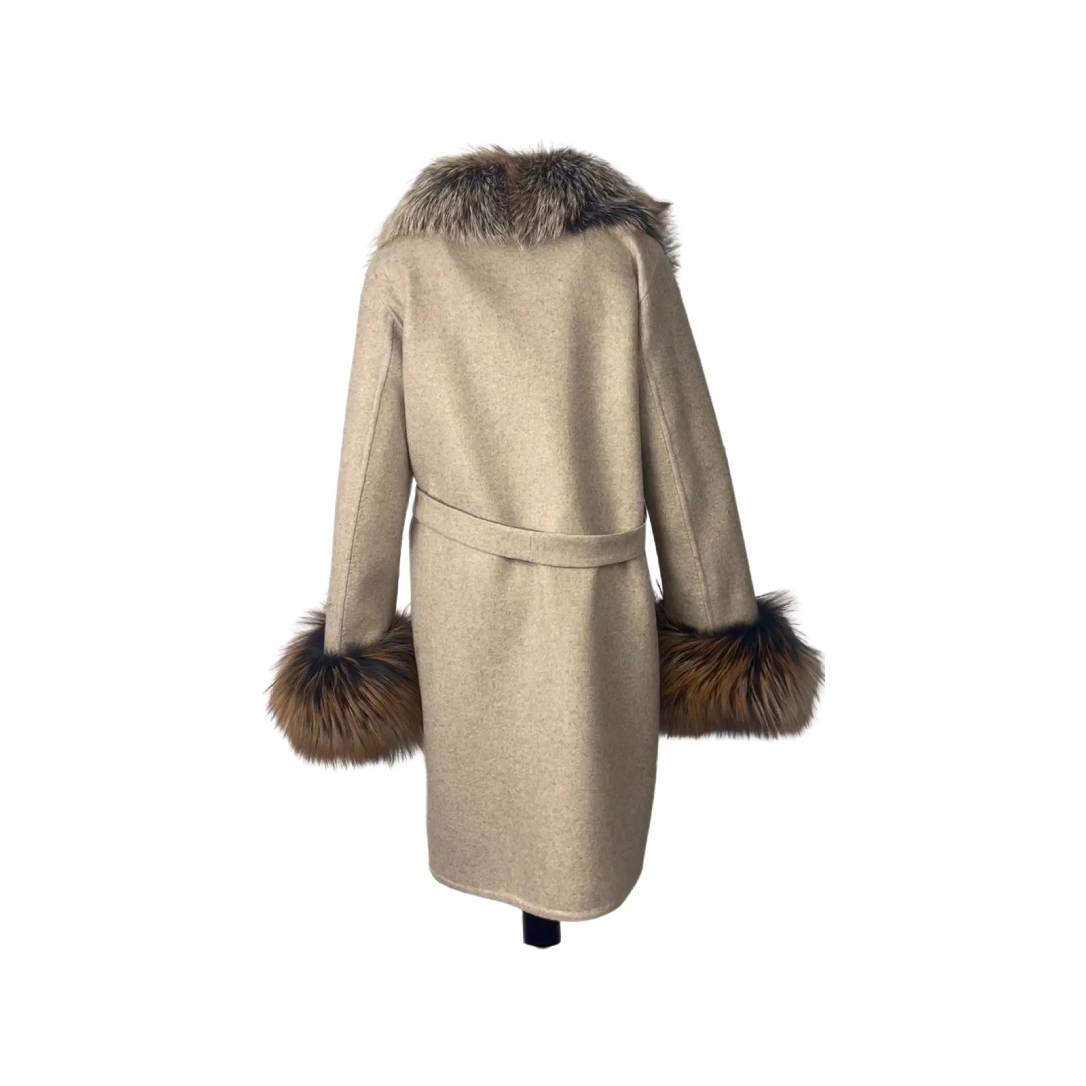 Dyed Brown Silver Fox Trimmed Women Wool Coat Style # V-100