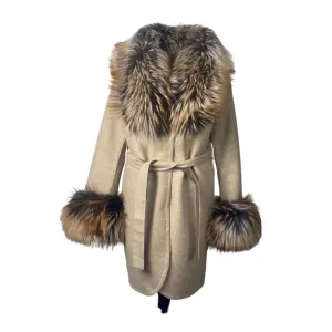 Dyed Brown Silver Fox Trimmed Women Wool Coat Style # V-100