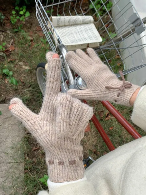 Elegant Bow-Knot Knit Fingerless Gloves for Winter