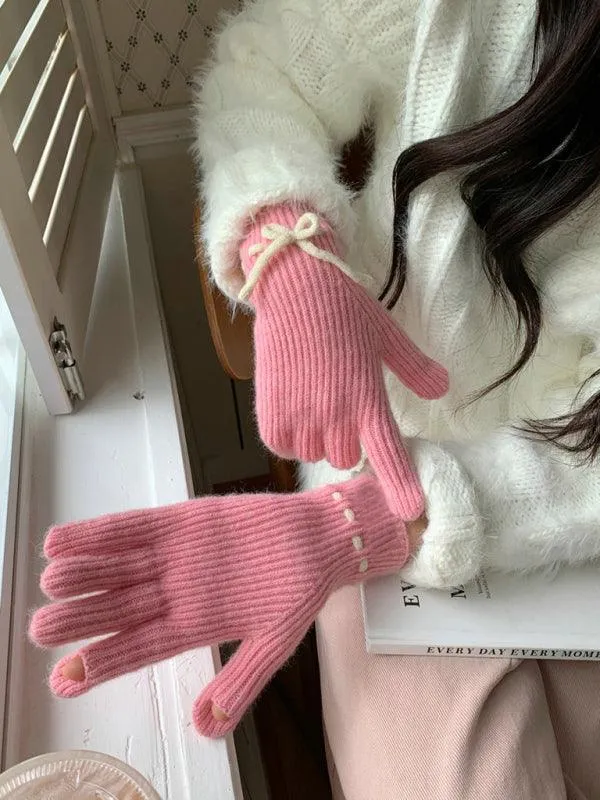 Elegant Bow-Knot Knit Fingerless Gloves for Winter