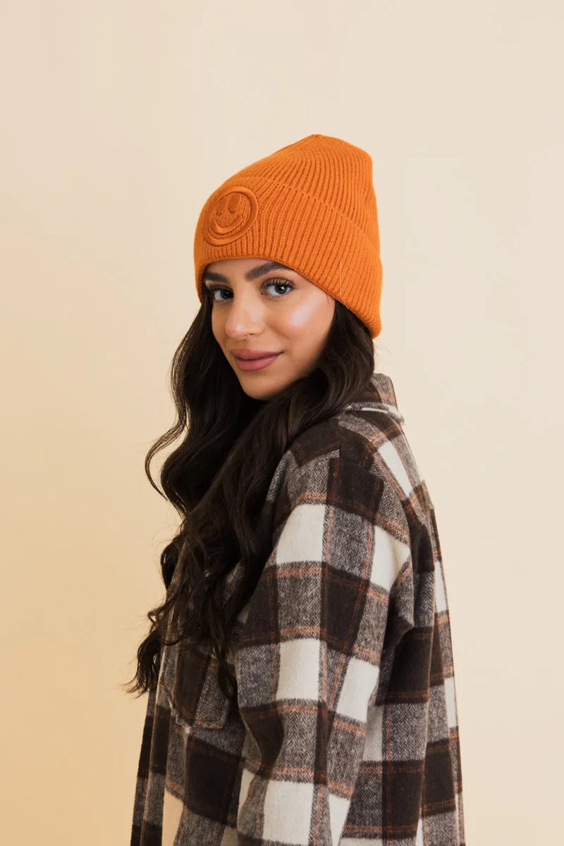 Embroidered Smiley Face Ribbed Knit Beanie