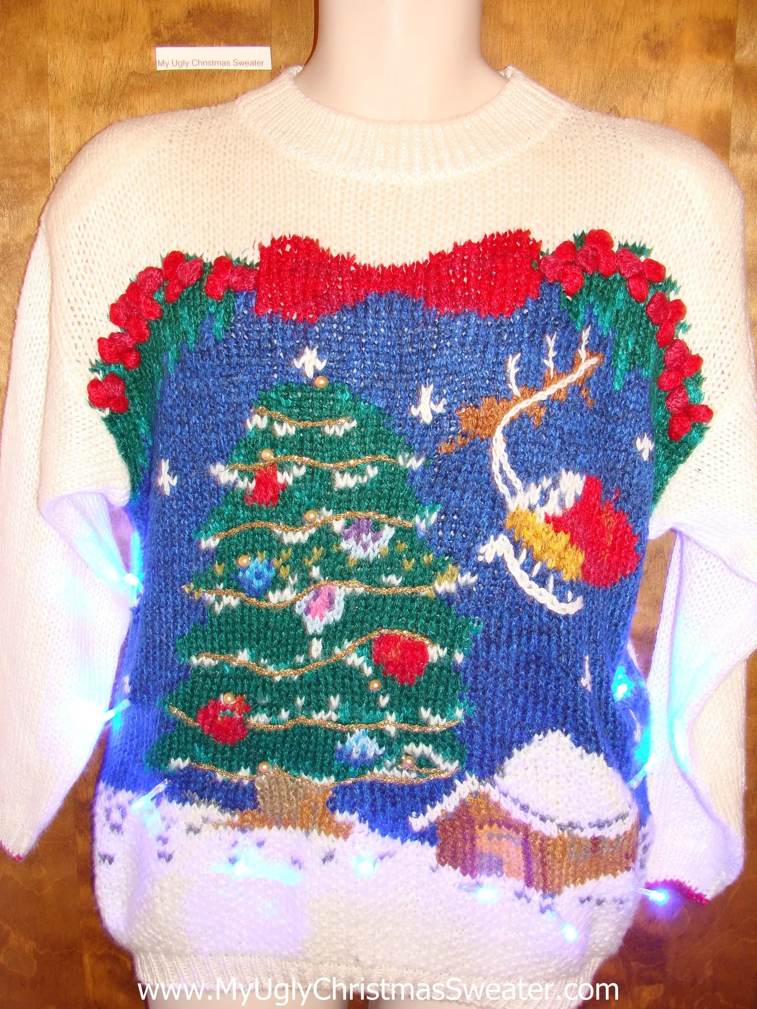 Flying Reindeer 80s Light Up Ugly Xmas Sweater