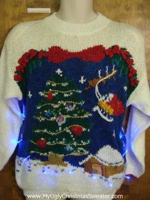 Flying Reindeer 80s Light Up Ugly Xmas Sweater