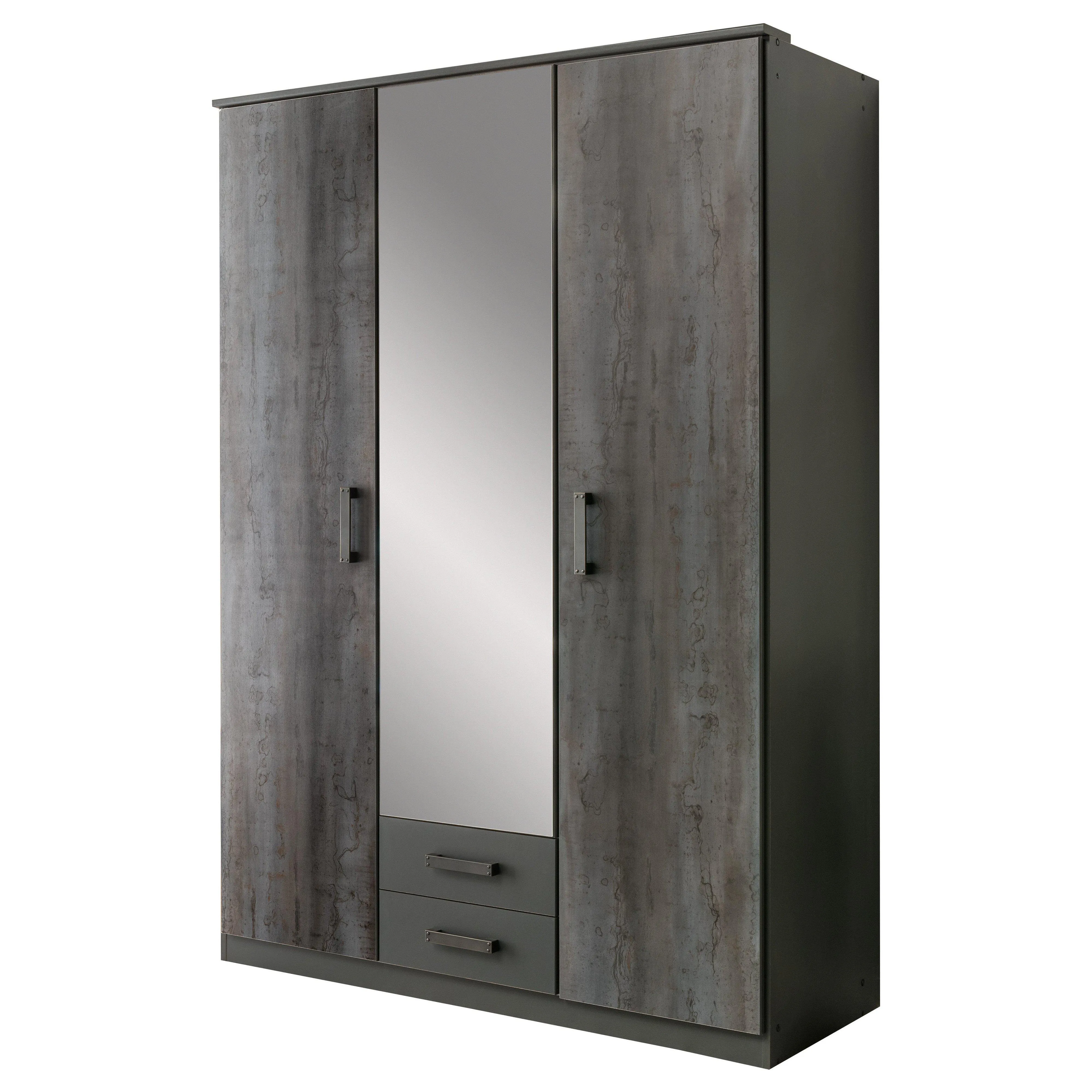 FORT 3 Doors 2 Drawers Steel Finish Mirrored Wardrobe