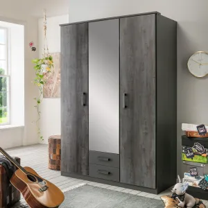 FORT 3 Doors 2 Drawers Steel Finish Mirrored Wardrobe