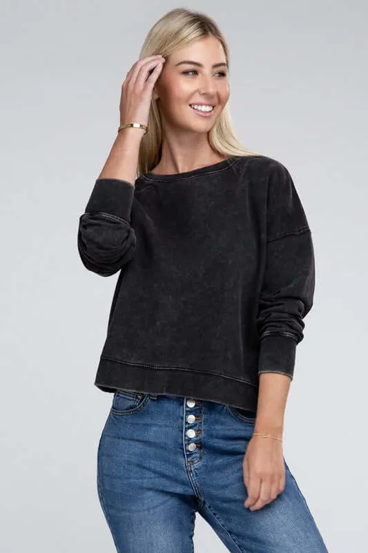 French Terry Acid Wash Boat Neck Pullover Top Sweatshirt