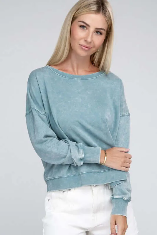 French Terry Acid Wash Boat Neck Pullover Top Sweatshirt