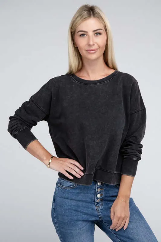 French Terry Acid Wash Boat Neck Pullover Top Sweatshirt