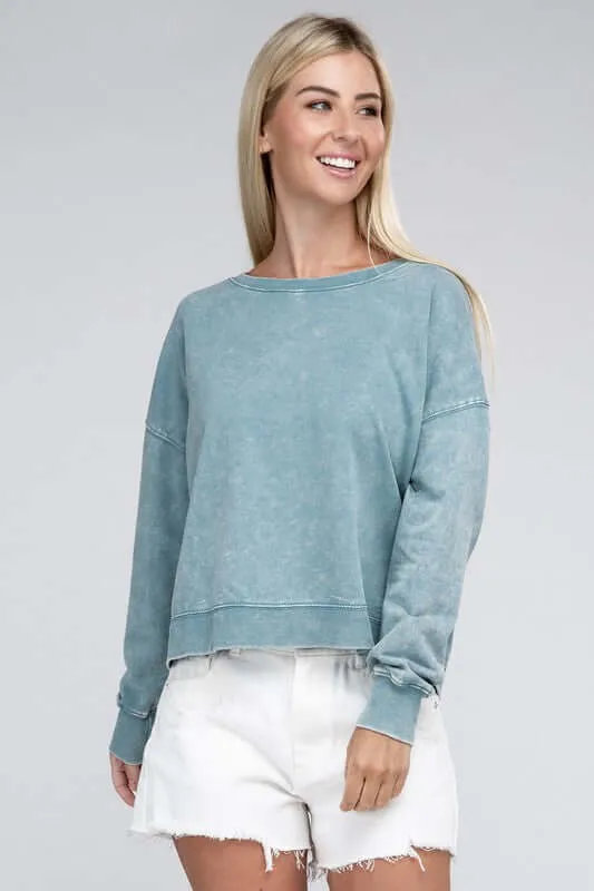 French Terry Acid Wash Boat Neck Pullover Top Sweatshirt