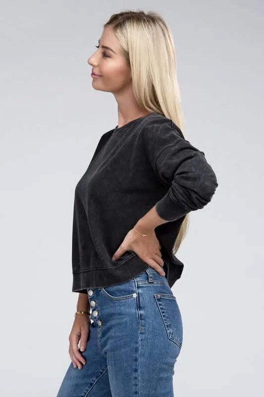 French Terry Acid Wash Boat Neck Pullover Top Sweatshirt