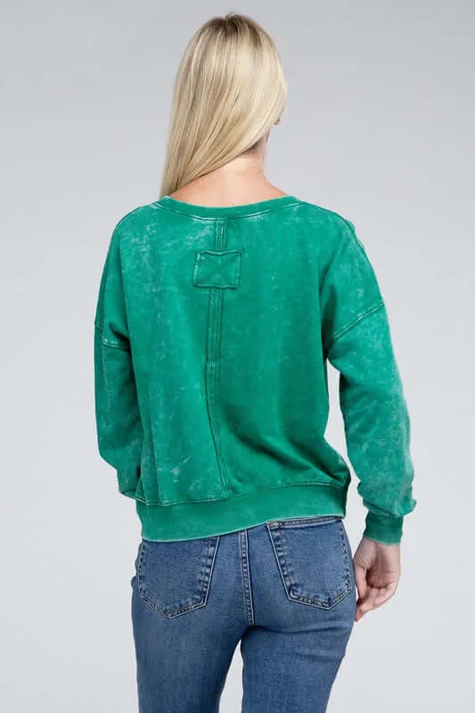 French Terry Acid Wash Boat Neck Pullover Top Sweatshirt