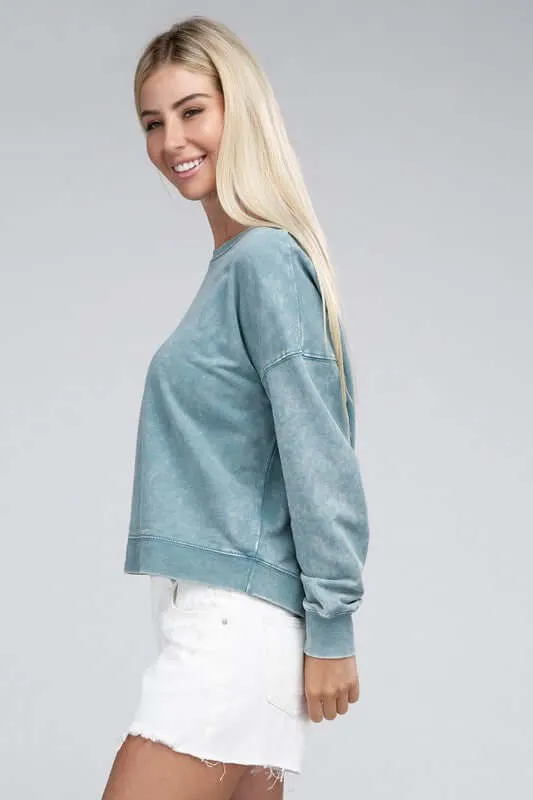 French Terry Acid Wash Boat Neck Pullover Top Sweatshirt