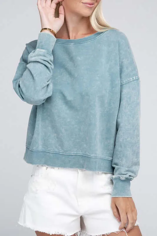 French Terry Acid Wash Boat Neck Pullover Top Sweatshirt