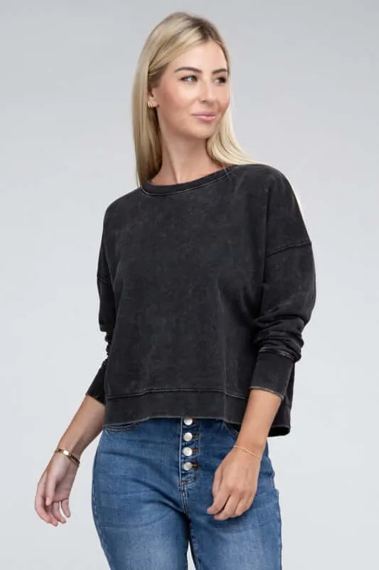 French Terry Acid Wash Boat Neck Pullover Top Sweatshirt