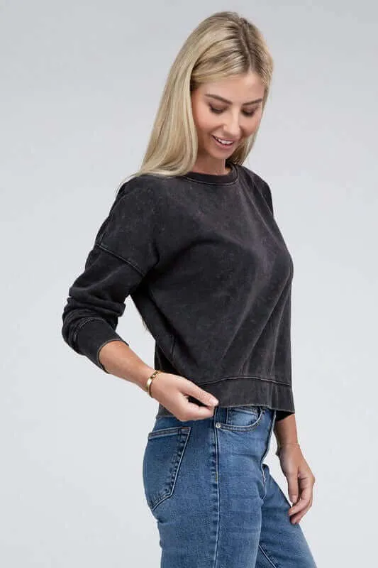 French Terry Acid Wash Boat Neck Pullover Top Sweatshirt