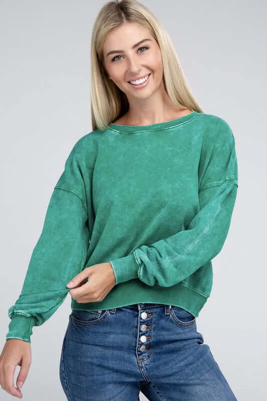 French Terry Acid Wash Boat Neck Pullover Top Sweatshirt