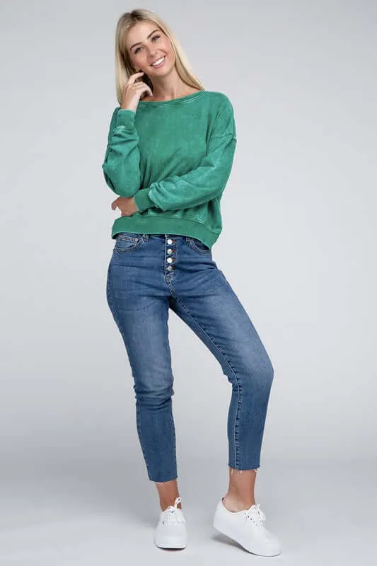 French Terry Acid Wash Boat Neck Pullover Top Sweatshirt