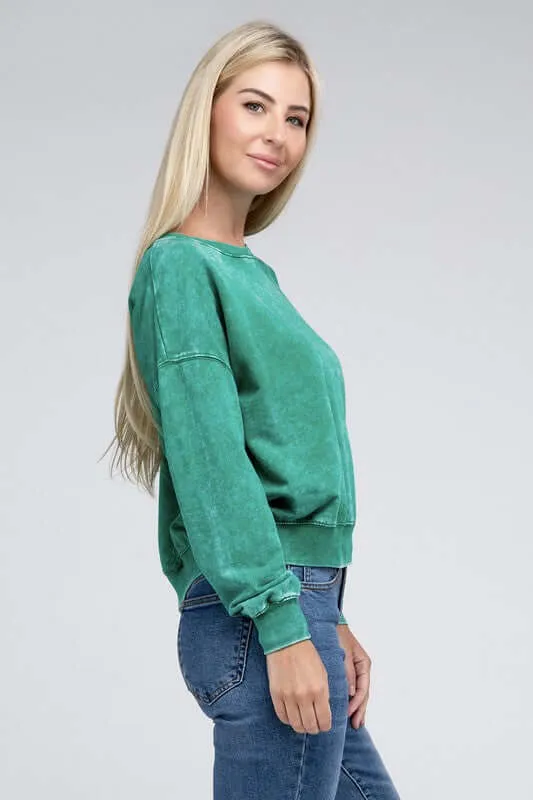 French Terry Acid Wash Boat Neck Pullover Top Sweatshirt