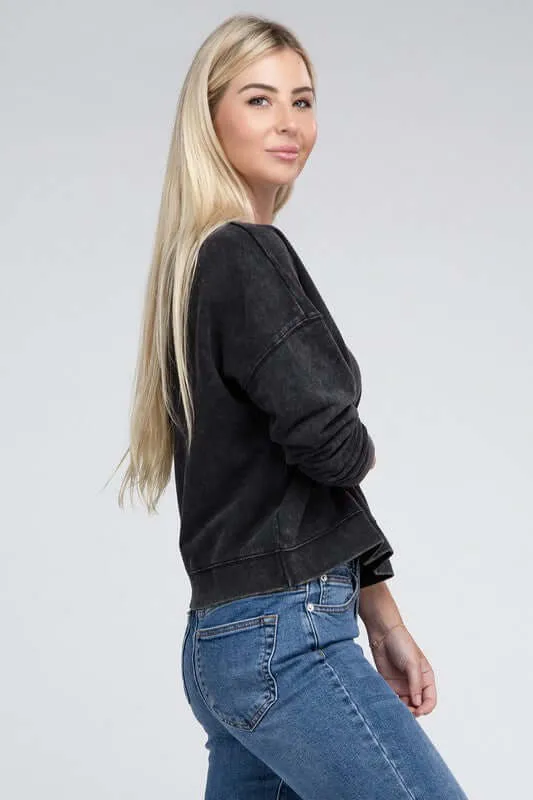French Terry Acid Wash Boat Neck Pullover Top Sweatshirt