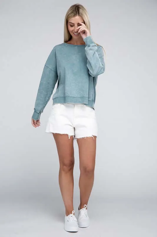 French Terry Acid Wash Boat Neck Pullover Top Sweatshirt