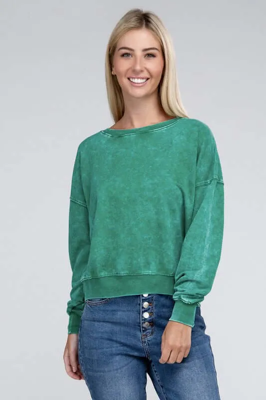 French Terry Acid Wash Boat Neck Pullover Top Sweatshirt