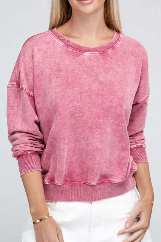 French Terry Acid Wash Boat Neck Pullover Top Sweatshirt