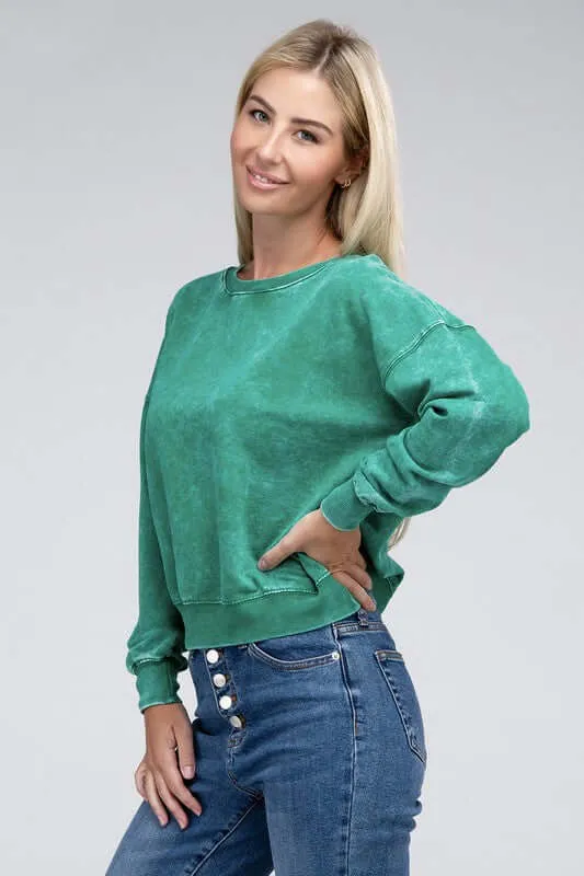 French Terry Acid Wash Boat Neck Pullover Top Sweatshirt