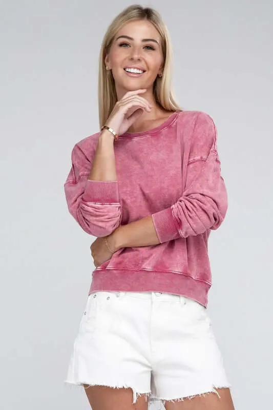 French Terry Acid Wash Boat Neck Pullover Top Sweatshirt
