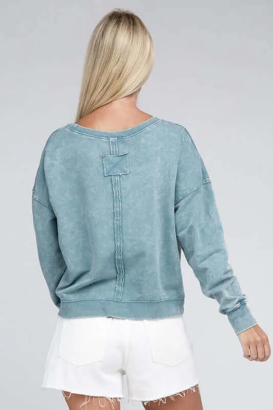 French Terry Acid Wash Boat Neck Pullover Top Sweatshirt