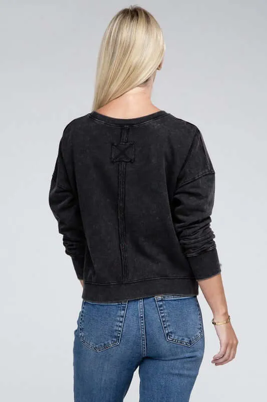 French Terry Acid Wash Boat Neck Pullover Top Sweatshirt