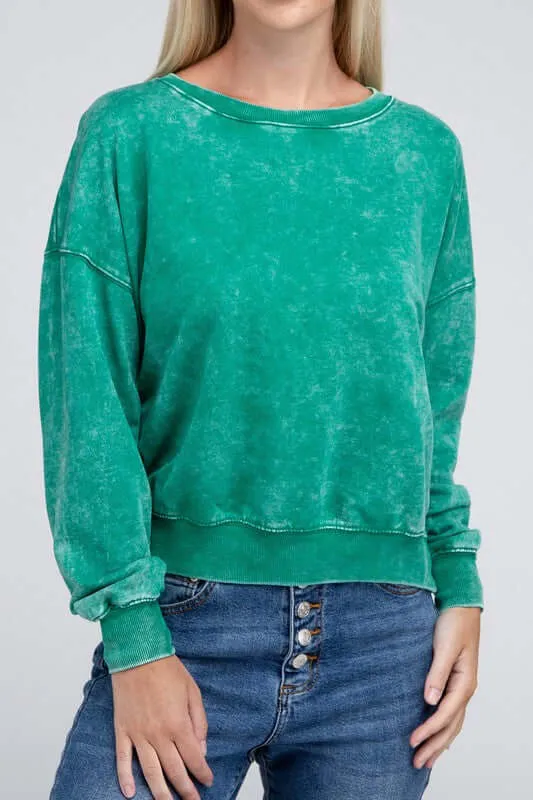 French Terry Acid Wash Boat Neck Pullover Top Sweatshirt