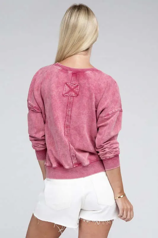 French Terry Acid Wash Boat Neck Pullover Top Sweatshirt