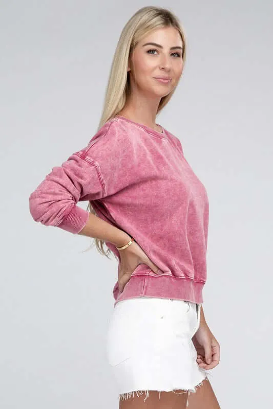 French Terry Acid Wash Boat Neck Pullover Top Sweatshirt