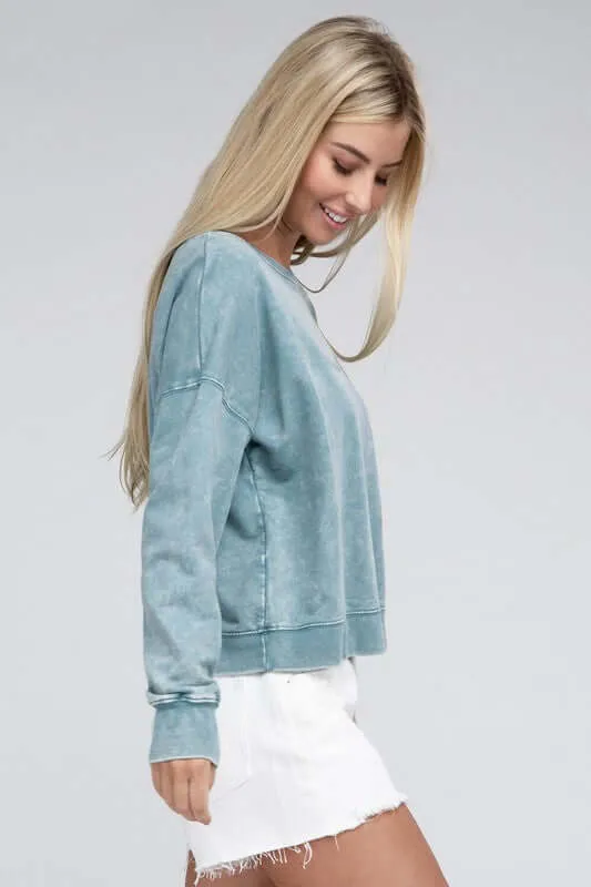 French Terry Acid Wash Boat Neck Pullover Top Sweatshirt