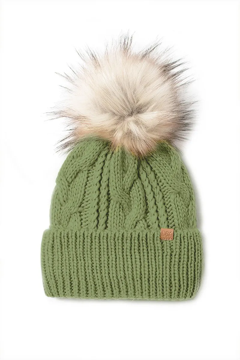 FSBB09061 - CABLE KNIT BEANIE WITH FAUX FUR POM AND SHERPA LINING