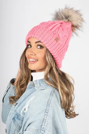 FSBB09061 - CABLE KNIT BEANIE WITH FAUX FUR POM AND SHERPA LINING
