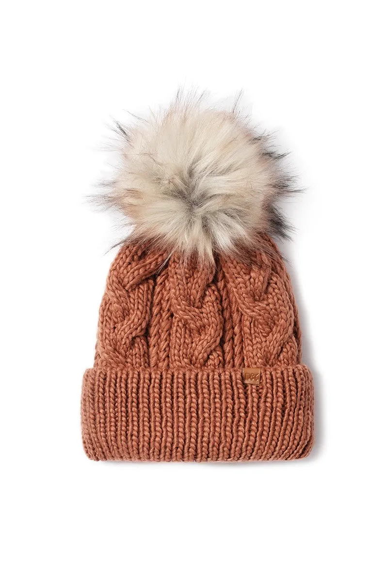 FSBB09061 - CABLE KNIT BEANIE WITH FAUX FUR POM AND SHERPA LINING