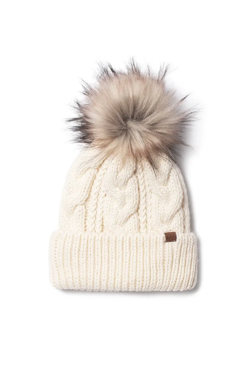 FSBB09061 - CABLE KNIT BEANIE WITH FAUX FUR POM AND SHERPA LINING
