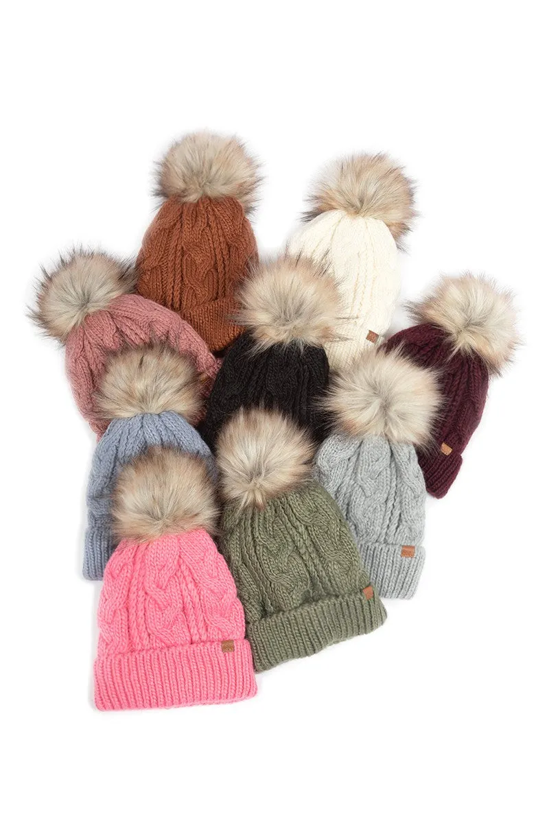 FSBB09061 - CABLE KNIT BEANIE WITH FAUX FUR POM AND SHERPA LINING