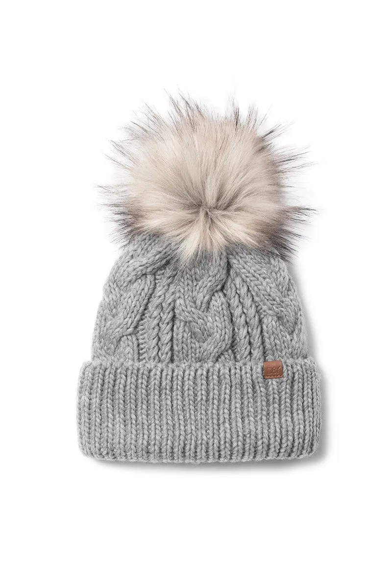 FSBB09061 - CABLE KNIT BEANIE WITH FAUX FUR POM AND SHERPA LINING