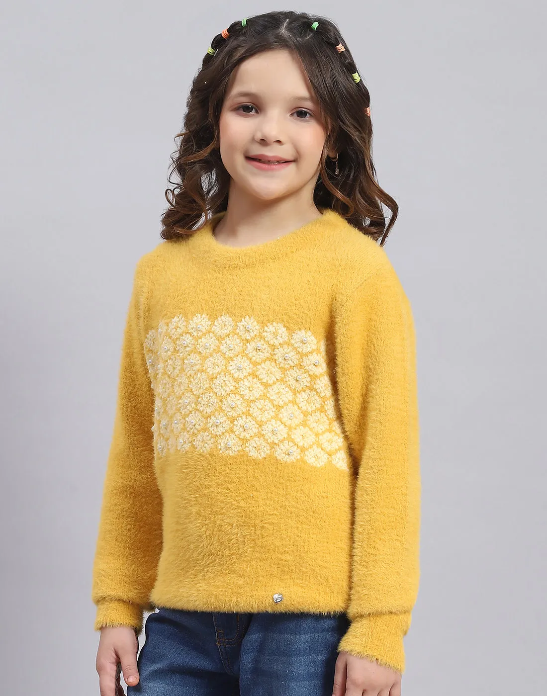 Girls Mustard Self Design Round Neck Full Sleeve Sweater