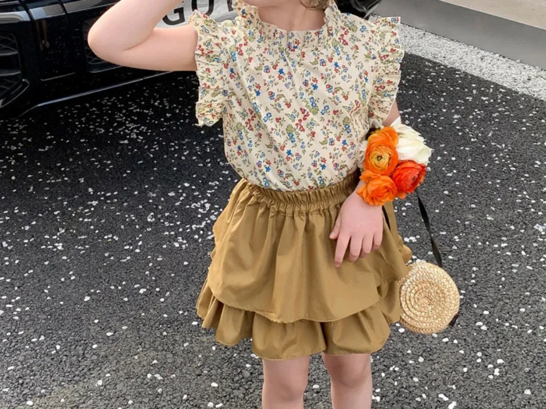Girls' Suit Summer 2024 New Children's Summer Dress Baby Girl Fashionable Children's Top Skirt Two-Piece Set