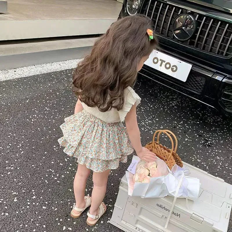 Girls' Suit Summer 2024 New Children's Summer Dress Baby Girl Fashionable Children's Top Skirt Two-Piece Set