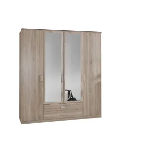 Grain  Oak 4 Door 2 Drawer Mirrored Wardrobe