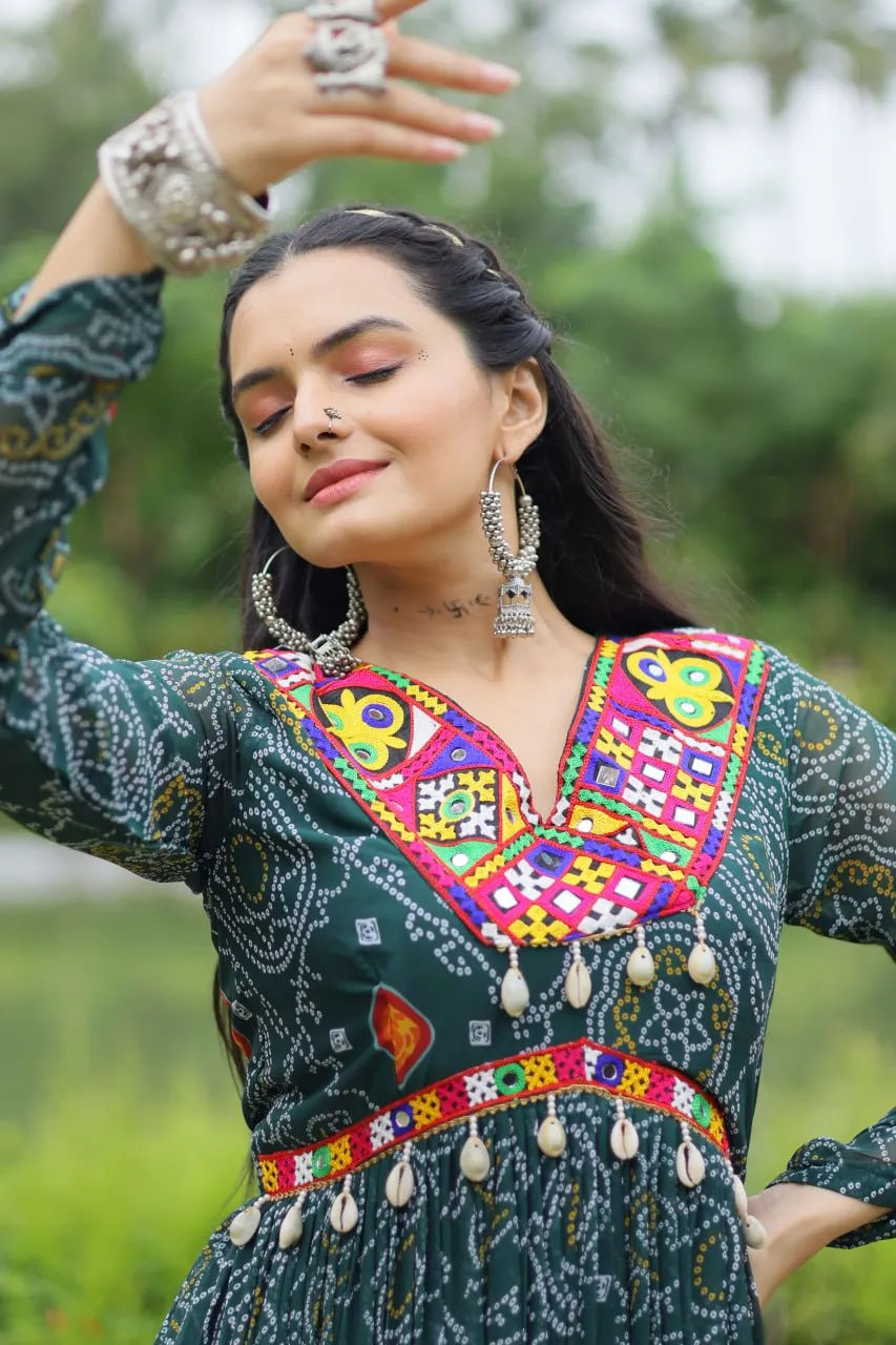 Green Elegant Bandhani Print Gown with Kutchi Patchwork in Faux Georgette