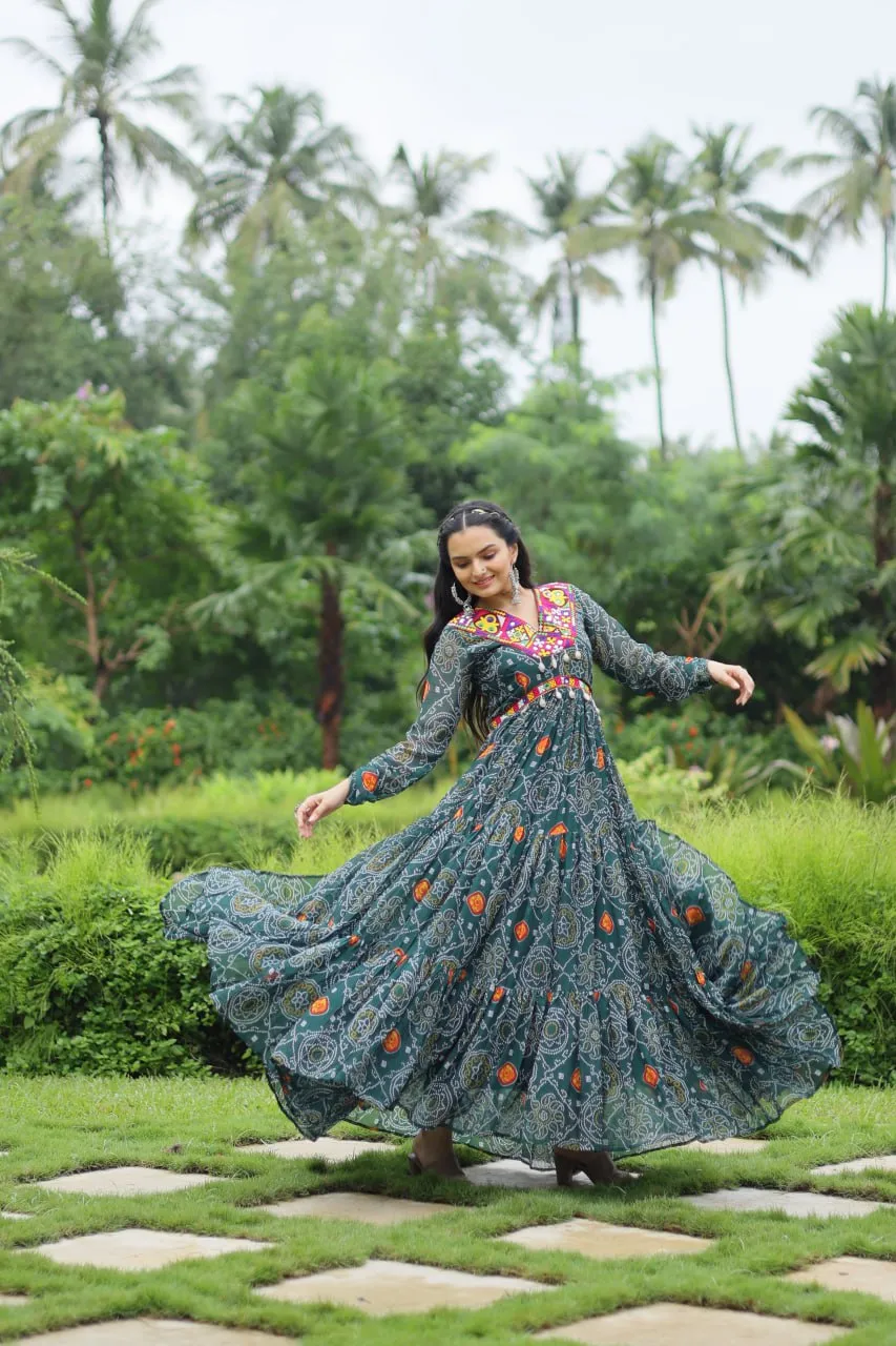 Green Elegant Bandhani Print Gown with Kutchi Patchwork in Faux Georgette
